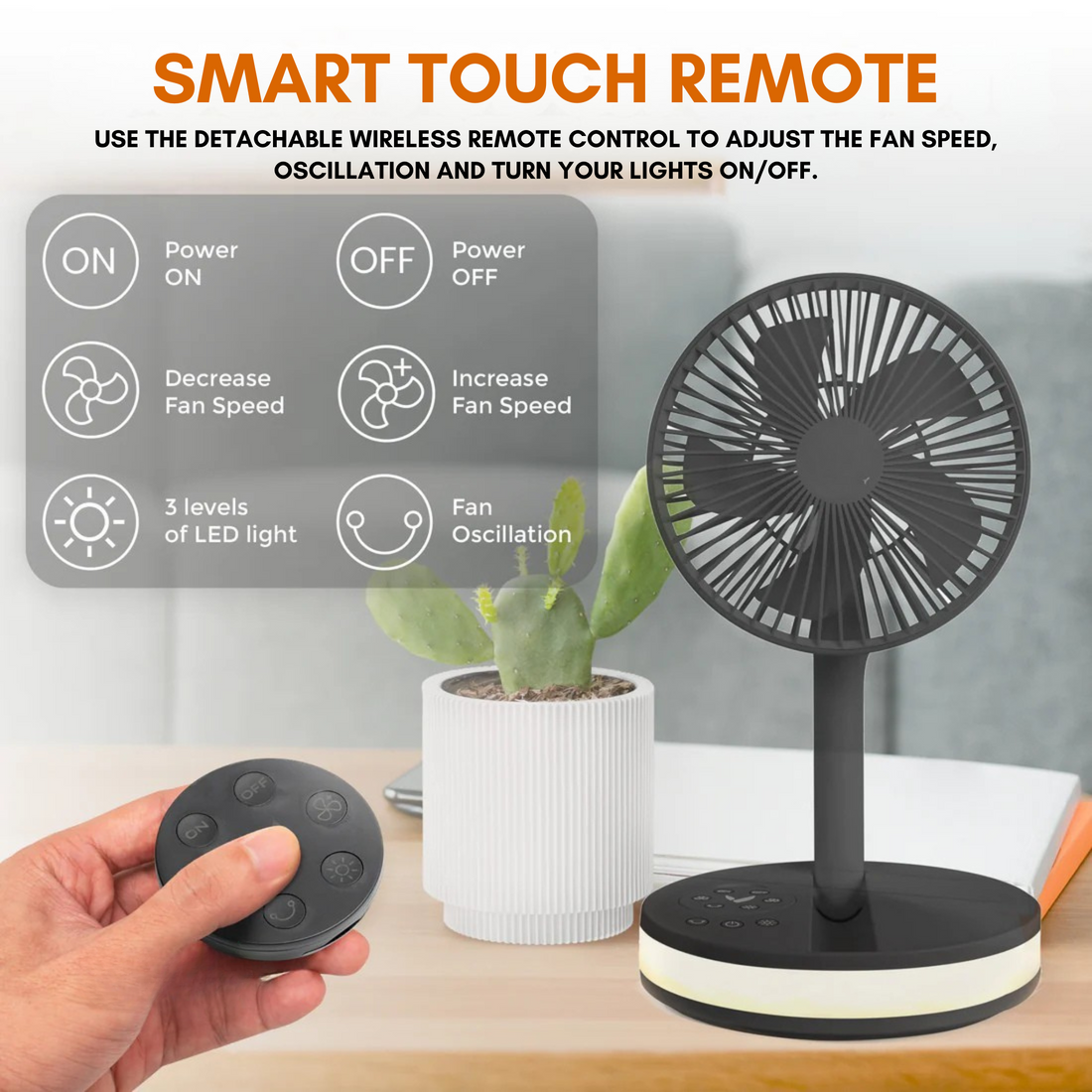 VENTURA Wireless Battery Operated Fan With 4 Speeds, LED Lighting, Carry Case & Remote Control